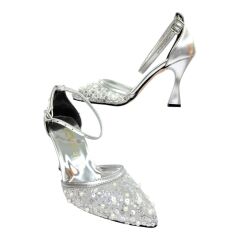 İnci Tokalı Saten Gümüş Topuklu