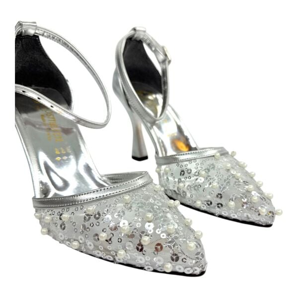 İnci Tokalı Saten Gümüş Topuklu