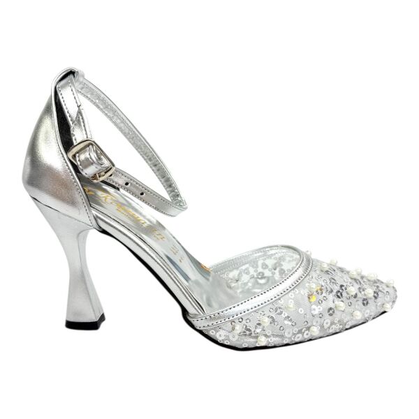 İnci Tokalı Saten Gümüş Topuklu