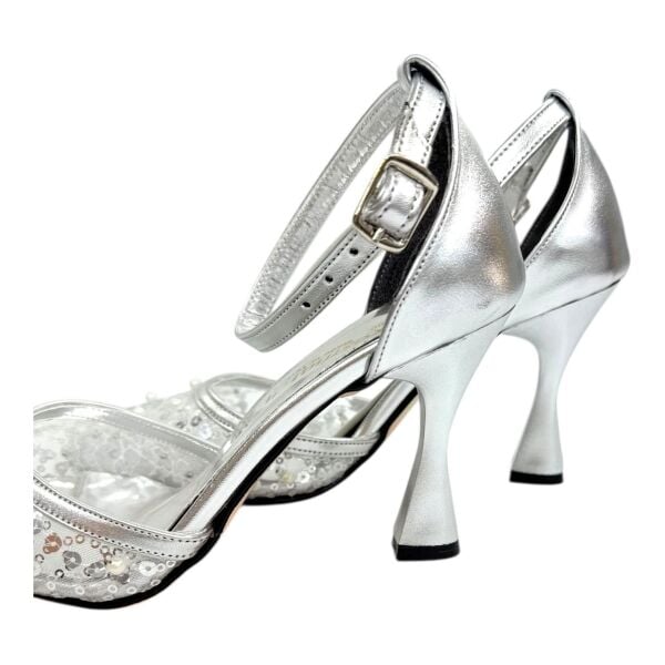 İnci Tokalı Saten Gümüş Topuklu