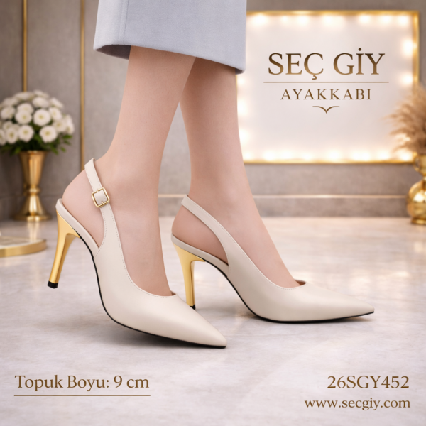 Mat Krem Sivri Burun Kadın Topuklu Ayakkabı – Gold Topuklu 9 cm Stiletto