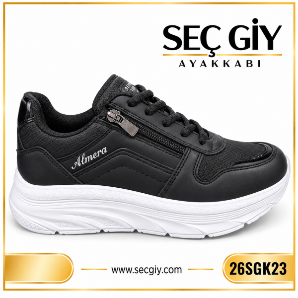 Siyah Beyaz Tabanlı Fermuar Detaylı Kadın Spor Ayakkabı – Günlük Sneaker