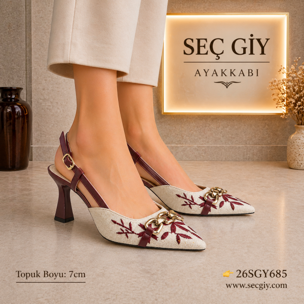 Bordo Nakış Detaylı Sivri Burun Kadın Topuklu Ayakkabı 7 cm Şık Slingback Model