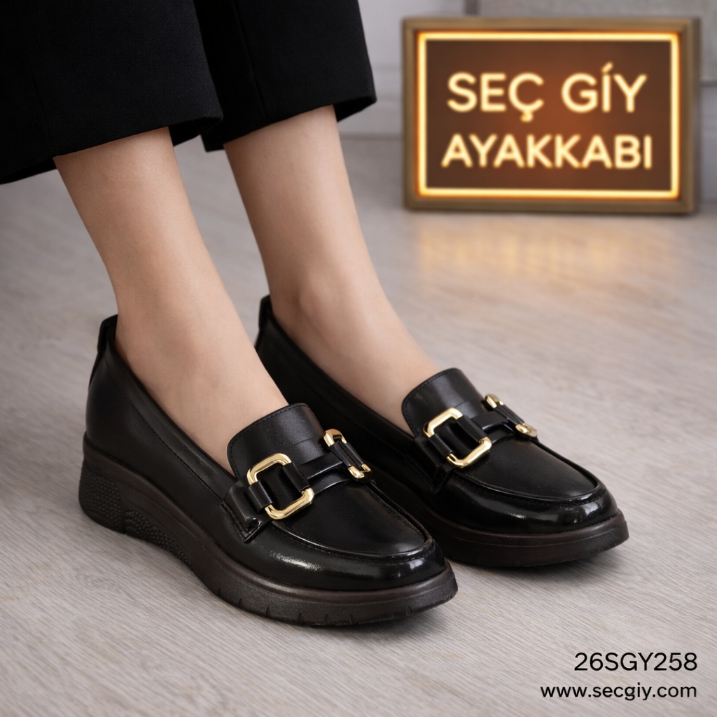 Siyah Rugan Gold Tokalı Kadın Loafer Ayakkabı – Kalın Tabanlı Şık Model