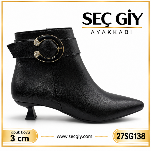 Kadın Siyah Taşlı Tokalı Şık Kısa Bot – 3 cm Topuk