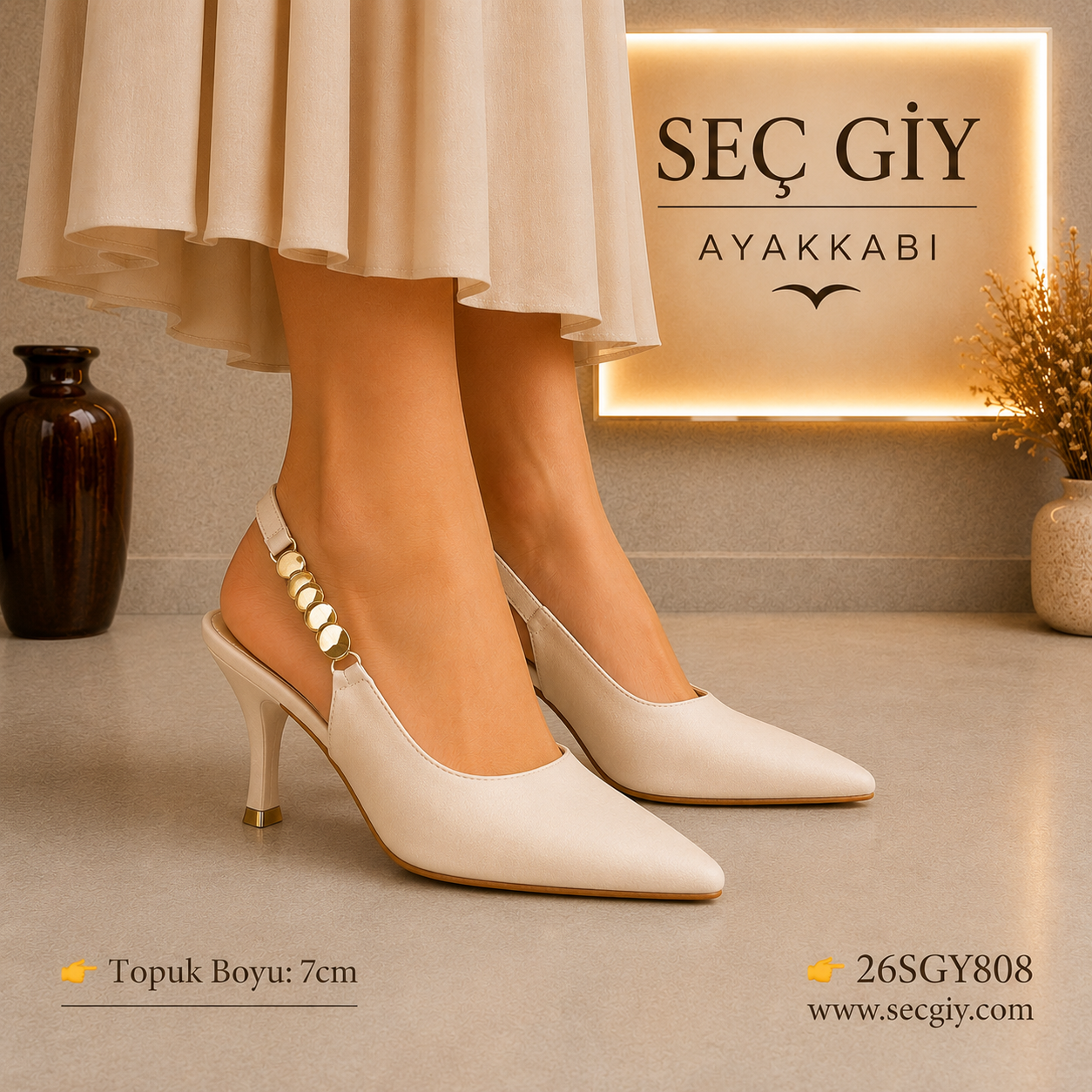 Kadın Krem Taş Detaylı Slingback Topuklu Ayakkabı