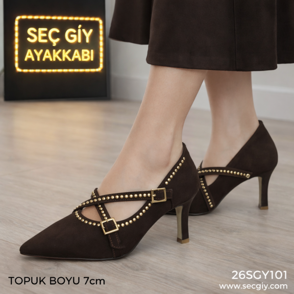 Bant Detaylı Kahverengi Bayan Topuklu Ayakkabı – 7 cm