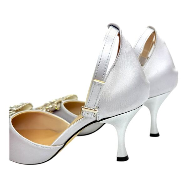 Kristal Taş Detaylı Saten Gümüş Topuklu Ayakkabı