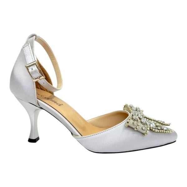 Kristal Taş Detaylı Saten Gümüş Topuklu Ayakkabı