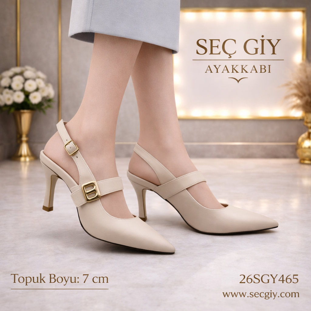 Mat Krem Çift Bantlı Kadın Topuklu Ayakkabı – 7 cm Sivri Burun Şık Model