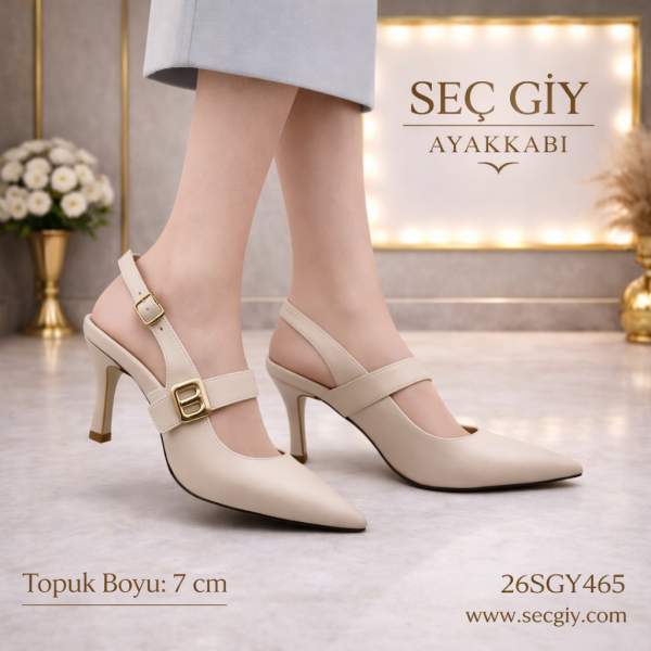 Mat Krem Çift Bantlı Kadın Topuklu Ayakkabı – 7 cm Sivri Burun Şık Model