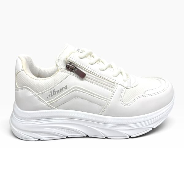 Beyaz Fermuar Detaylı Kadın Spor Ayakkabı – Kalın Taban Günlük Sneaker