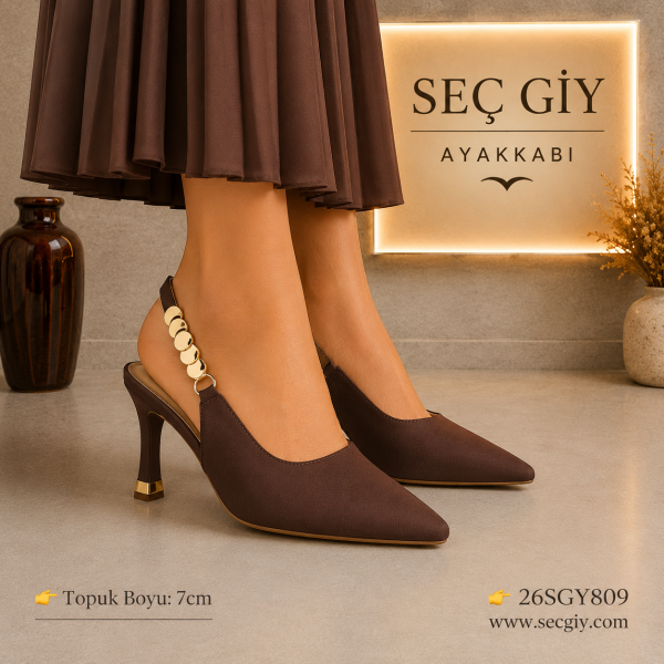 Kadın Kahve Taş Detaylı Slingback Topuklu Ayakkabı