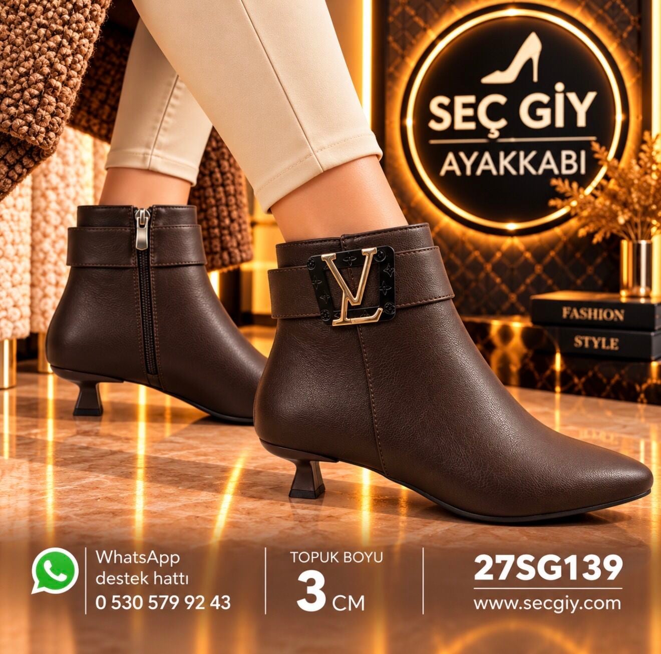 Kadın Acı Kahve Metal Aksesuarlı Kısa Bot – 3 cm Topuk