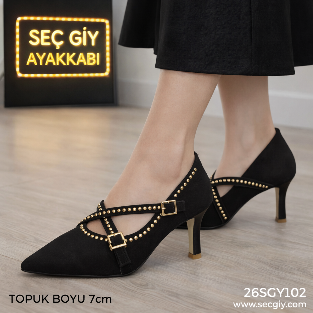 Taş Detaylı Siyah Bantlı Bayan Topuklu Ayakkabı – 7 cm