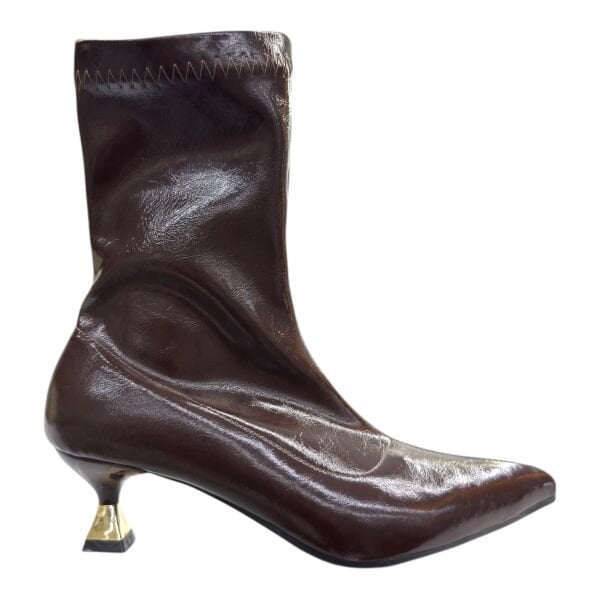 Parlak Dokulu İnce Topuklu Sivri Burun Kadın Bilek Bot – Kahverengi