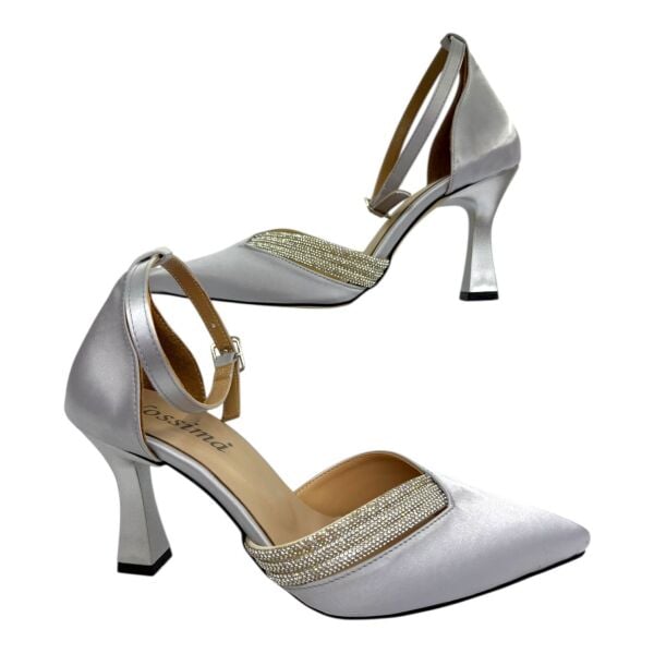 Saten Gümüş  Taşlı Topuklu Gelin Ayakkabısı