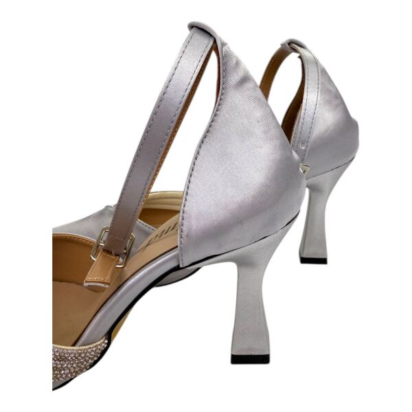 Saten Gümüş  Taşlı Topuklu Gelin Ayakkabısı
