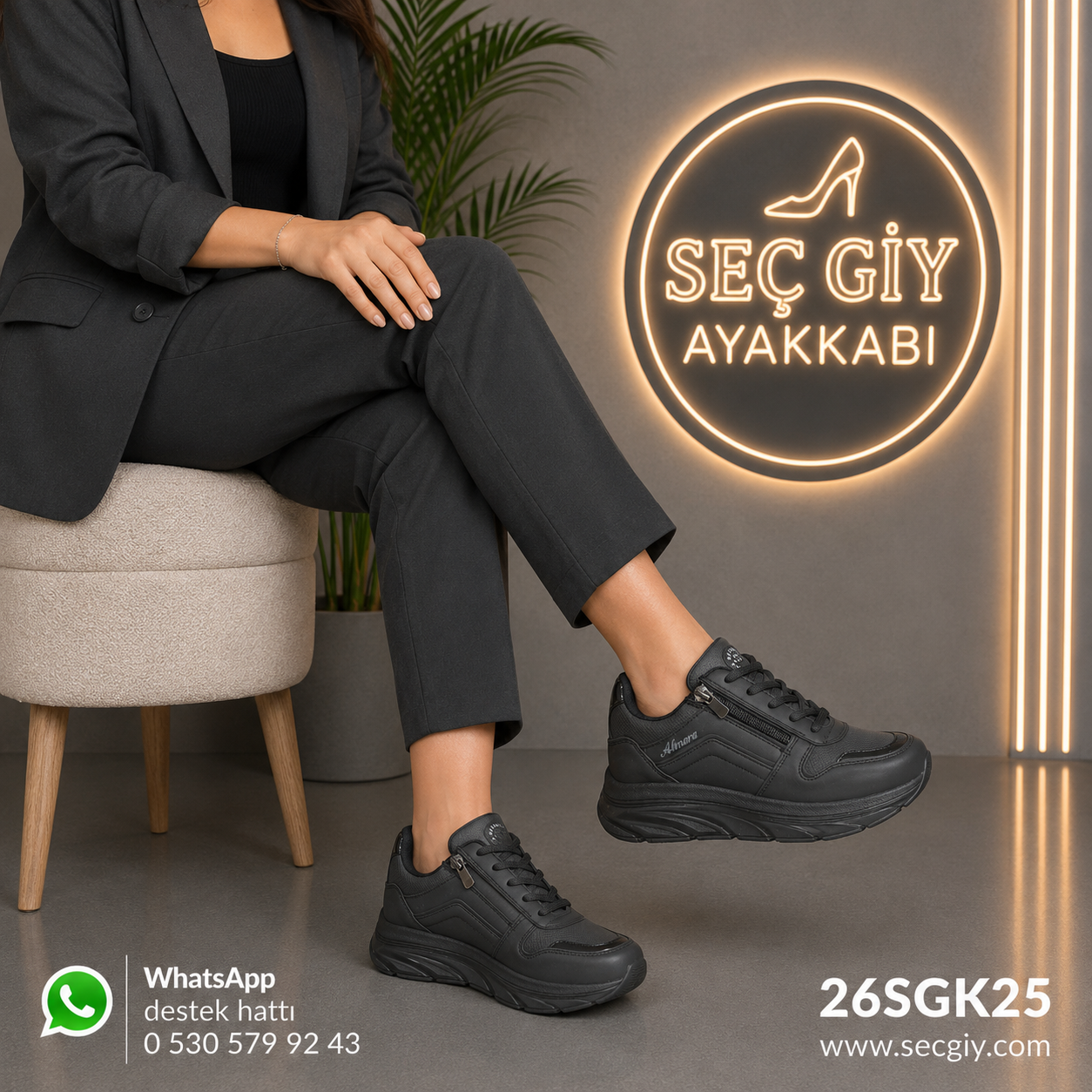 Siyah Fermuar Detaylı Kadın Spor Ayakkabı – Siyah Taban Günlük Sneaker
