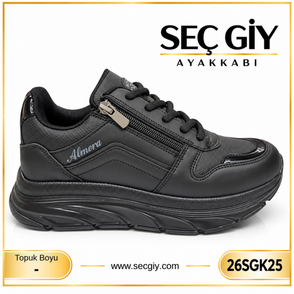 Siyah Fermuar Detaylı Kadın Spor Ayakkabı – Siyah Taban Günlük Sneaker