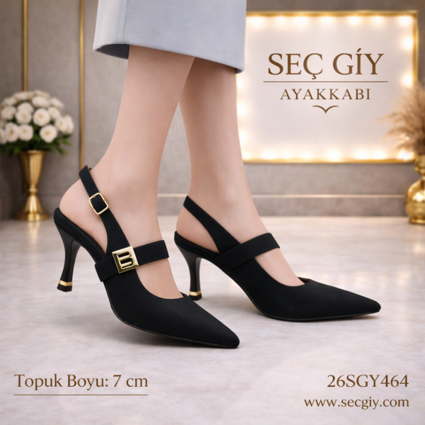 Siyah Çift Bantlı Kadın Topuklu Ayakkabı – 7 cm Sivri Burun Şık Model