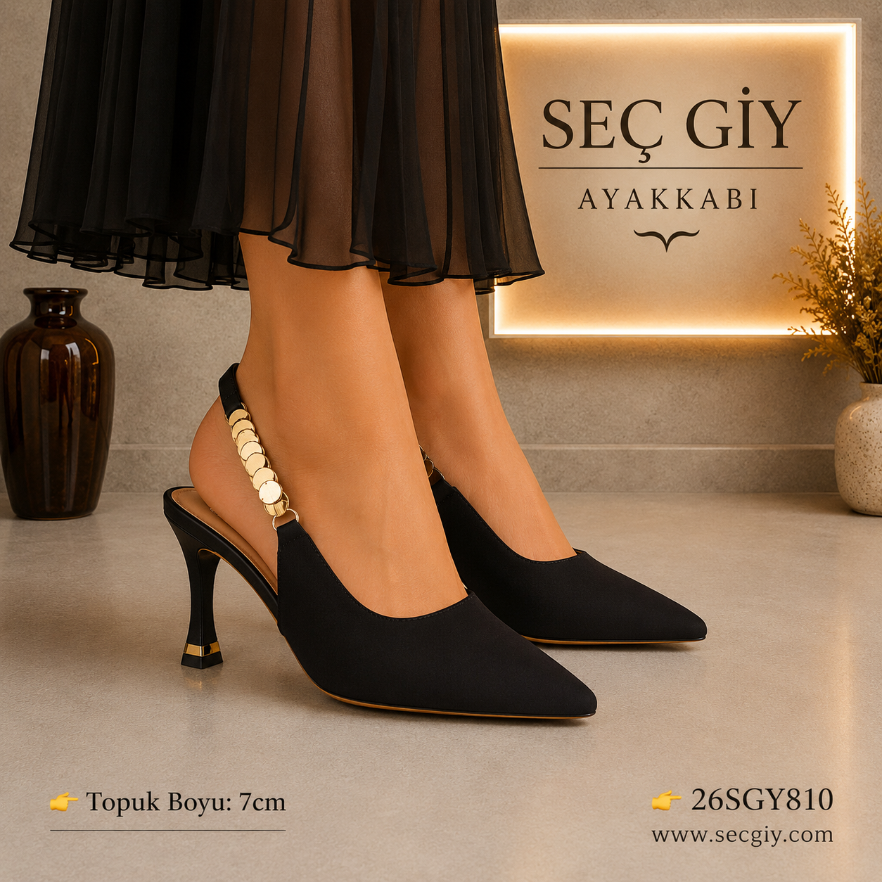 Kadın Siyah Taş Detaylı Slingback Topuklu Ayakkabı