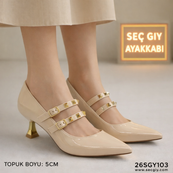 Çift Bantlı Krem Rugan Bayan Topuklu Ayakkabı – 5 cm