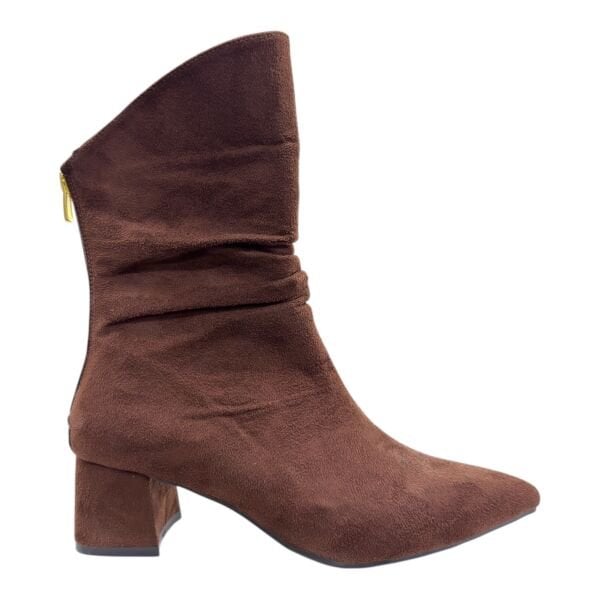 Süet Dokulu Sivri Burun Kalın Topuk Kadın Bilek Bot – Kahverengi