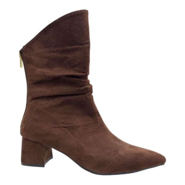 Süet Dokulu Sivri Burun Kalın Topuk Kadın Bilek Bot – Kahverengi