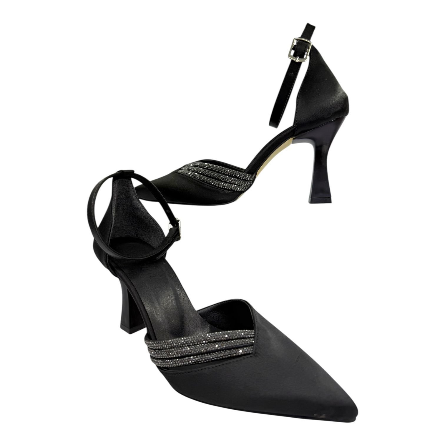 Saten Siyah Taşlı Topuklu Gelin Ayakkabısı