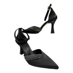 Saten Siyah Taşlı Topuklu Gelin Ayakkabısı