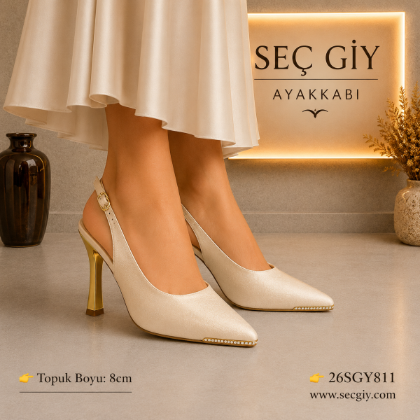 Kadın Krem Sivri Burun Taş Detaylı Slingback Topuklu Ayakkabı