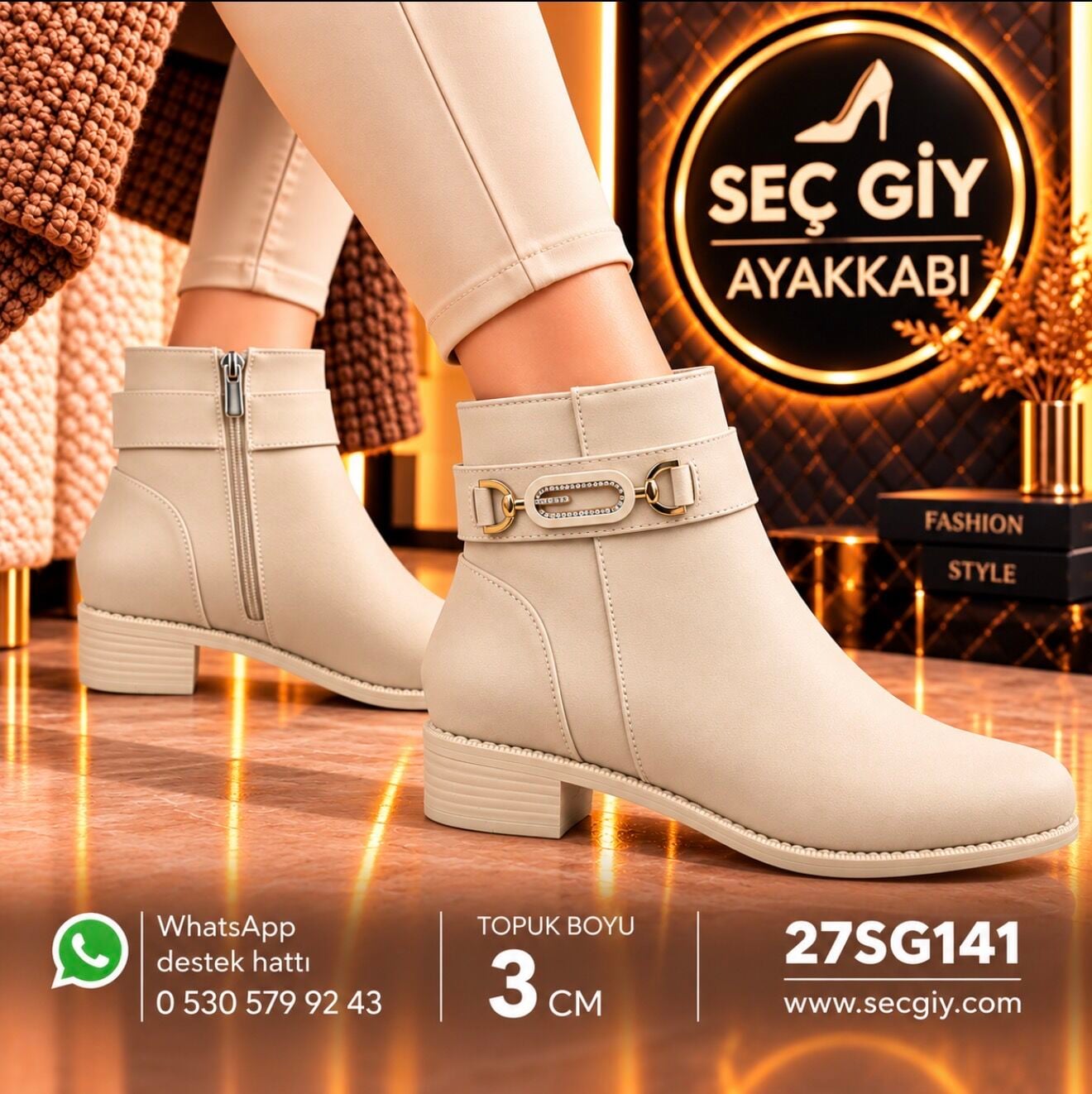 Kadın Krem Metal Aksesuarlı Günlük Kısa Bot – 3 cm Topuk
