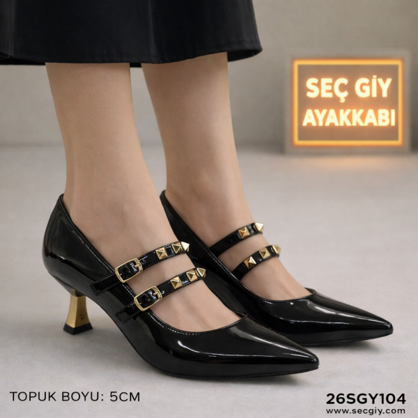 Çift Bantlı Siyah Rugan Bayan Topuklu Ayakkabı – 5 cm