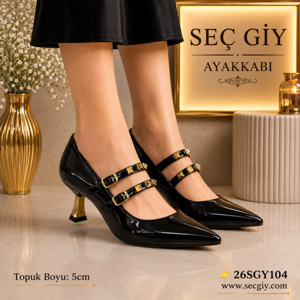 Çift Bantlı Siyah Rugan Bayan Topuklu Ayakkabı – 5 cm