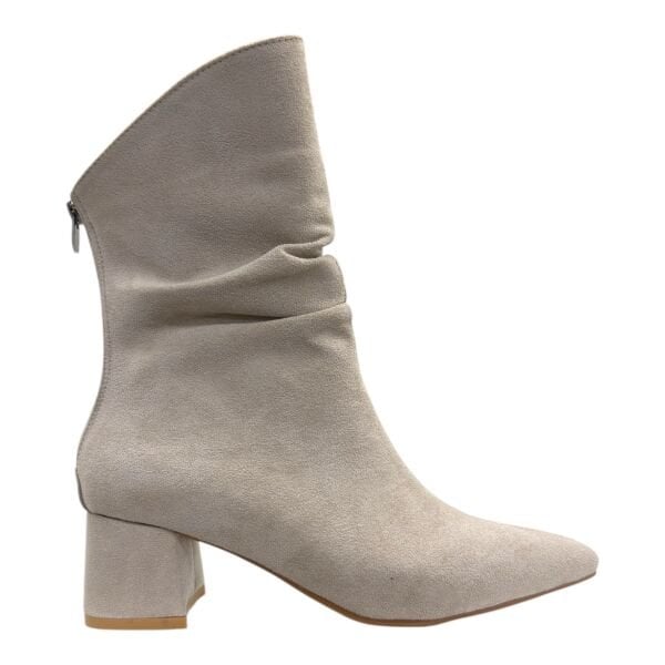 Süet Dokulu Sivri Burun Kalın Topuk Kadın Bilek Bot – Bej