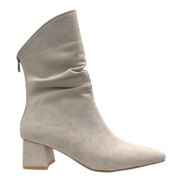 Süet Dokulu Sivri Burun Kalın Topuk Kadın Bilek Bot – Bej