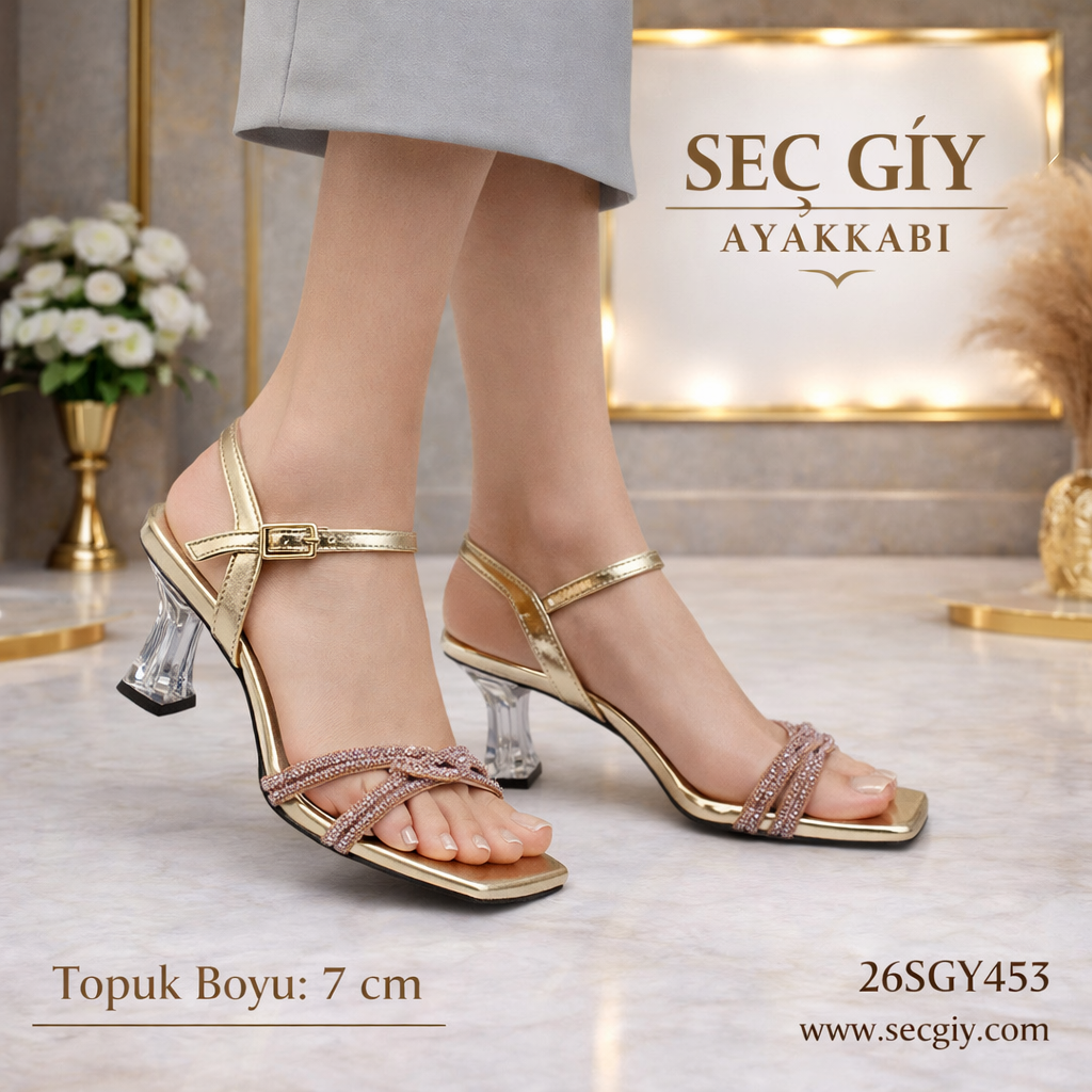 Gold & Taş Detaylı Şeffaf Topuklu Kadın Sandalet – 7 cm Abiye Model