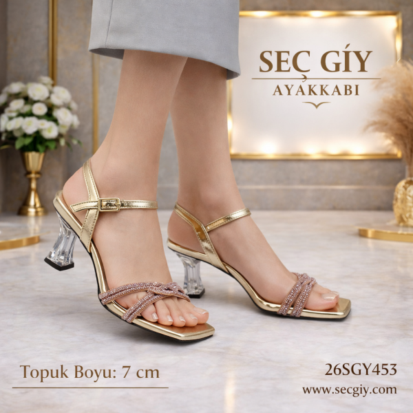 Gold & Taş Detaylı Şeffaf Topuklu Kadın Sandalet – 7 cm Abiye Model