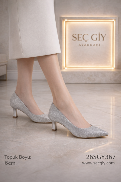 Gümüş Simli 6 cm Topuklu Kadın Stiletto – Şık ve Zarif Abiye Ayakkabı