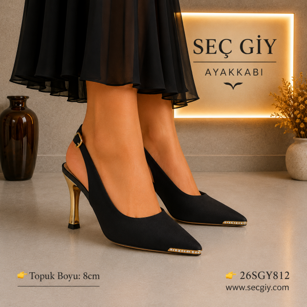 Kadın Siyah Sivri Burun Taş Detaylı Slingback Topuklu Ayakkabı
