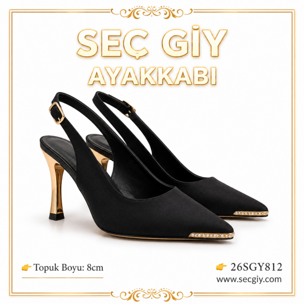 Kadın Siyah Sivri Burun Taş Detaylı Slingback Topuklu Ayakkabı