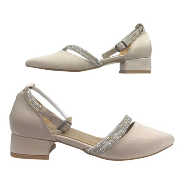 Krem Rengi Simli Taş Detaylı Düşük Topuk Abiye Ayakkabı