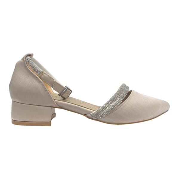 Krem Rengi Simli Taş Detaylı Düşük Topuk Abiye Ayakkabı