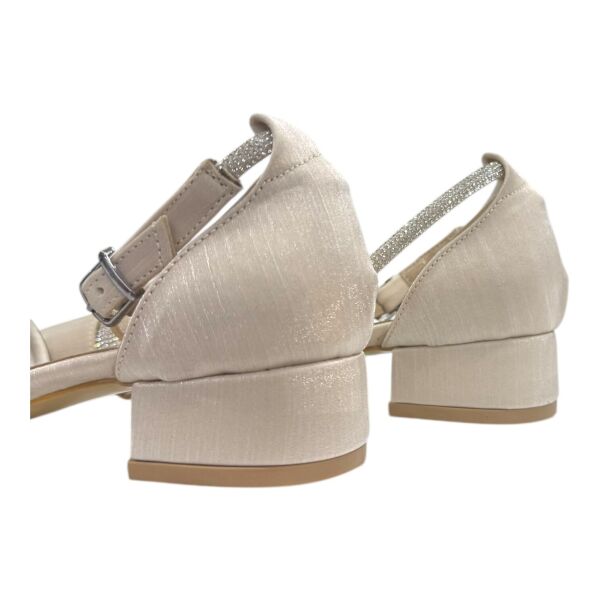 Krem Rengi Simli Taş Detaylı Düşük Topuk Abiye Ayakkabı