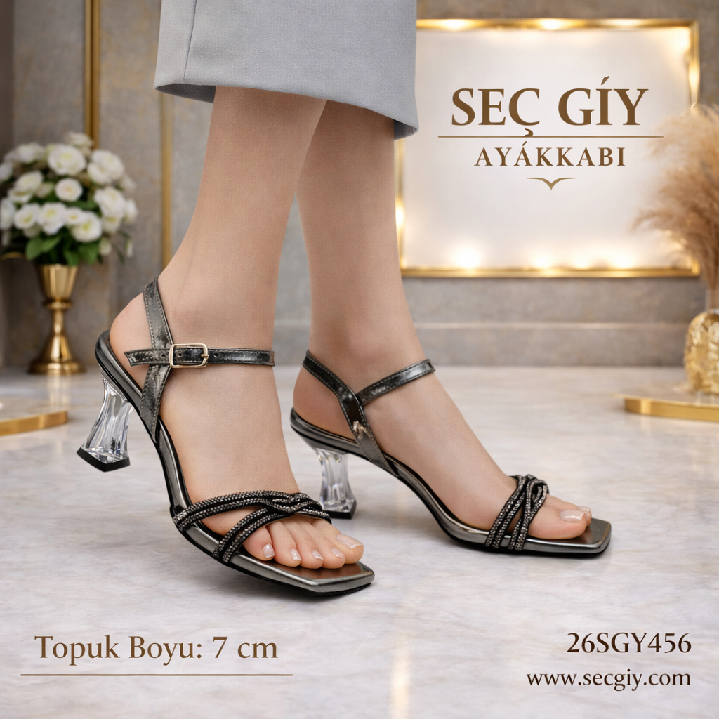 Antrasit Taş Detaylı Şeffaf Topuklu Kadın Sandalet – 7 cm Abiye Model