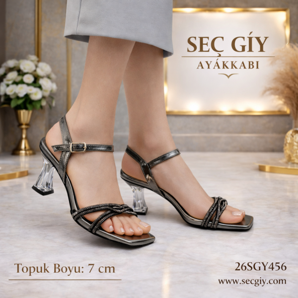 Antrasit Taş Detaylı Şeffaf Topuklu Kadın Sandalet – 7 cm Abiye Model