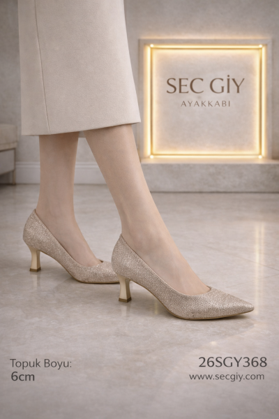 Şampanya Simli 6 cm Topuklu Kadın Stiletto – Zarif Abiye Ayakkabı