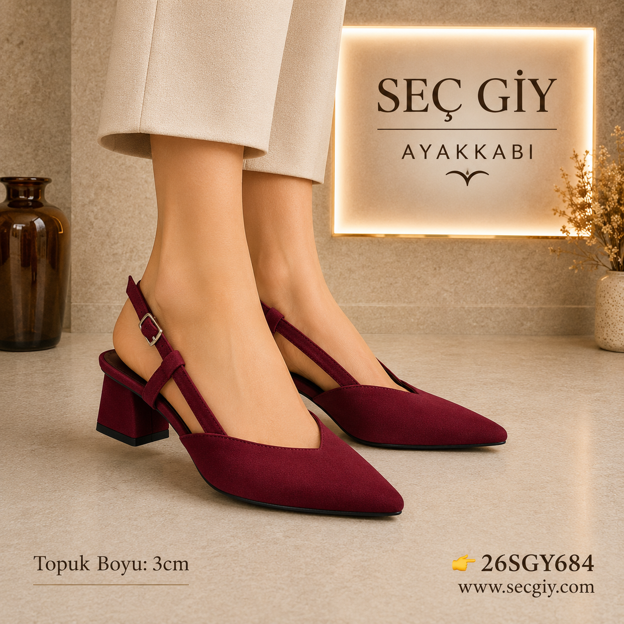 Bordo Zarra Kumaş Sivri Burun Kısa Topuklu 3cm
