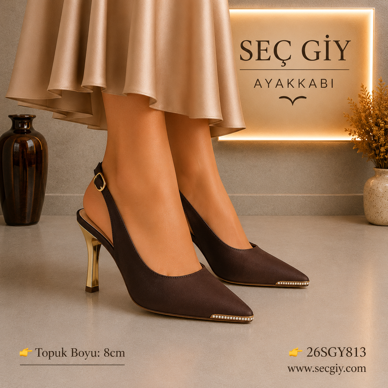 Kahve Kadın Stiletto Topuklu Ayakkabı Sivri Burun 8 cm